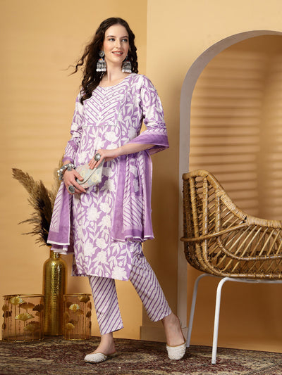 Mauve Floral Print Rayon Kurta Set with Dupatta