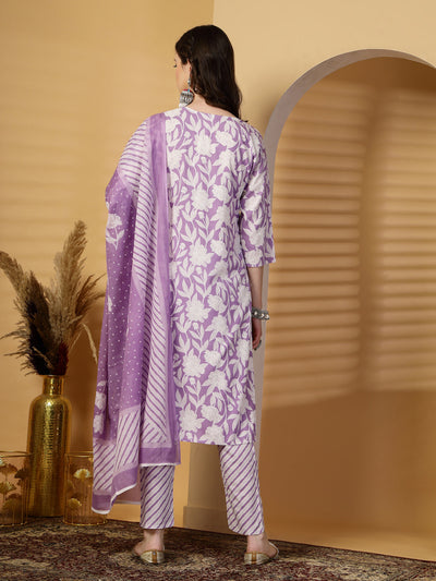 Mauve Floral Print Rayon Kurta Set with Dupatta