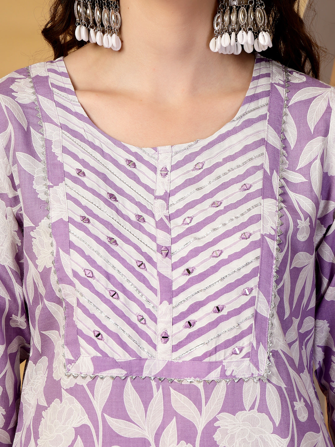 Mauve Floral Print Rayon Kurta Set with Dupatta