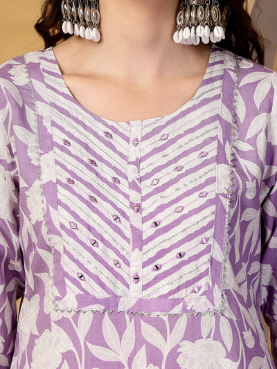 Mauve Floral Print Rayon Kurta Set with Dupatta