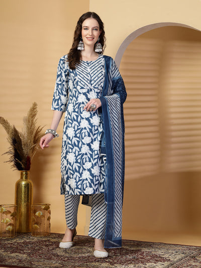 Peacock Blue Floral Print Rayon Kurta Set with Dupatta
