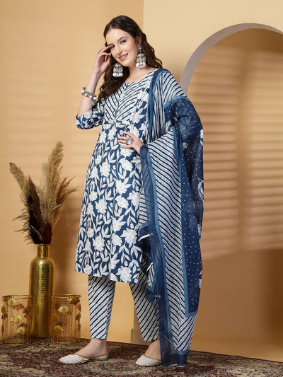 Peacock Blue Floral Print Rayon Kurta Set with Dupatta