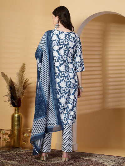 Peacock Blue Floral Print Rayon Kurta Set with Dupatta