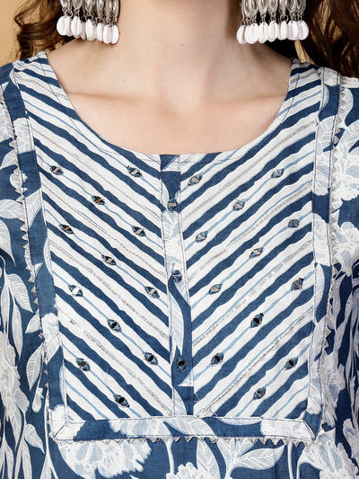 Peacock Blue Floral Print Rayon Kurta Set with Dupatta
