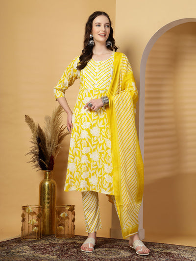 Yellow Floral Print Rayon Kurta Set with Dupatta