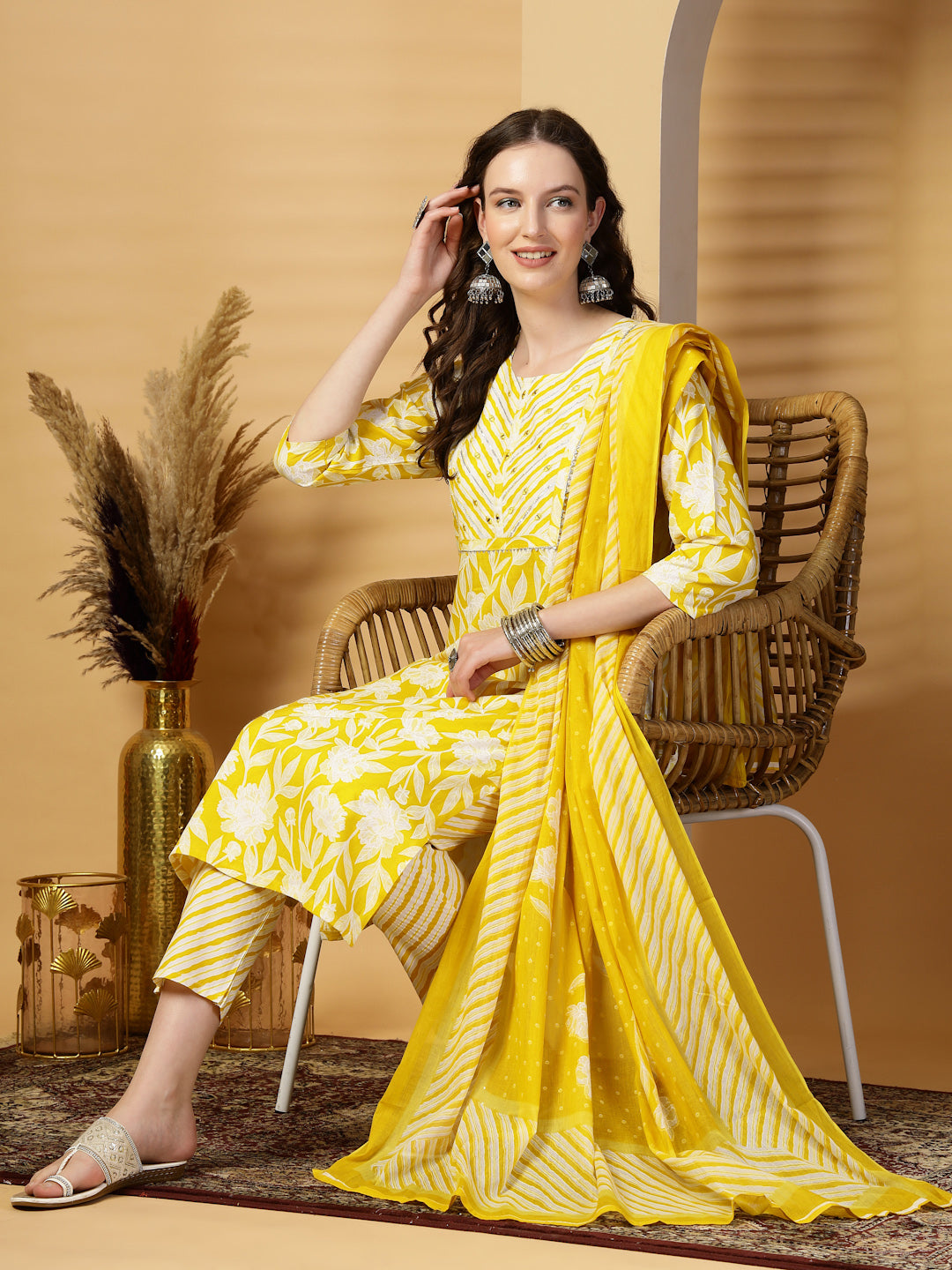 Yellow Floral Print Rayon Kurta Set with Dupatta