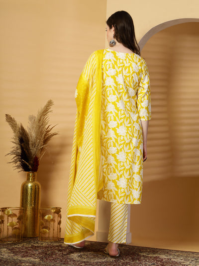 Yellow Floral Print Rayon Kurta Set with Dupatta