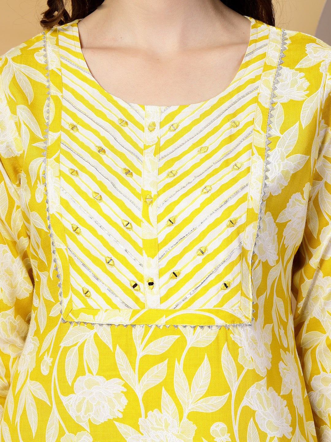Yellow Floral Print Rayon Kurta Set with Dupatta