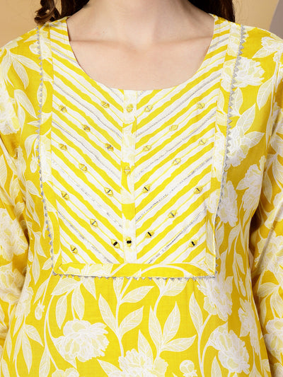 Yellow Floral Print Rayon Kurta Set with Dupatta