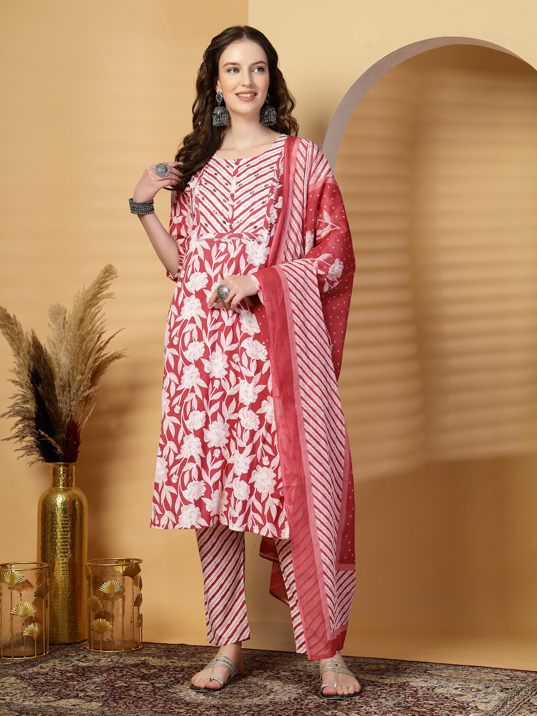 Maroon Floral Print Rayon Kurta Set with Dupatta