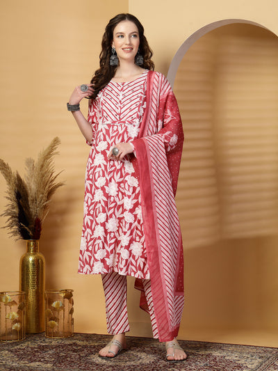 Maroon Floral Print Rayon Kurta Set with Dupatta