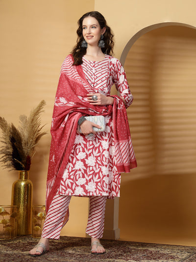 Maroon Floral Print Rayon Kurta Set with Dupatta