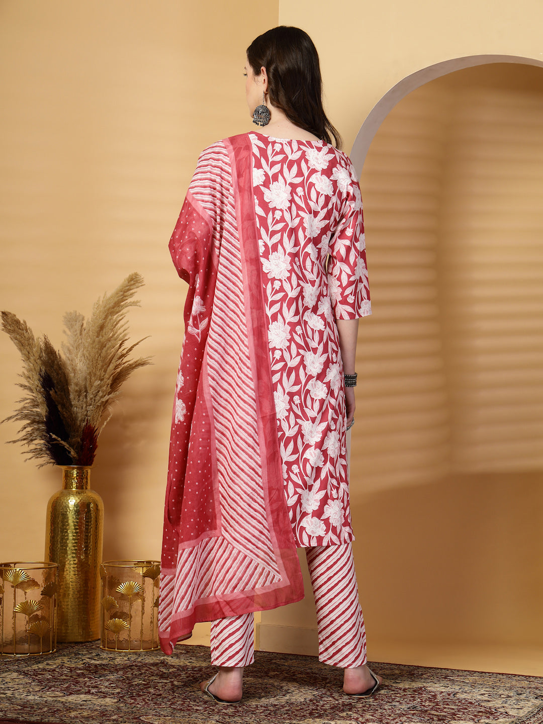 Maroon Floral Print Rayon Kurta Set with Dupatta