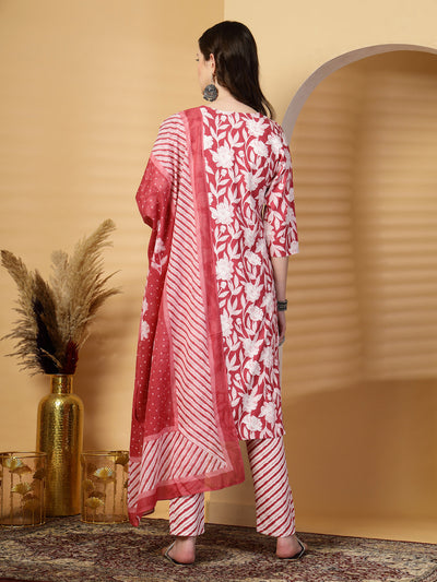 Maroon Floral Print Rayon Kurta Set with Dupatta