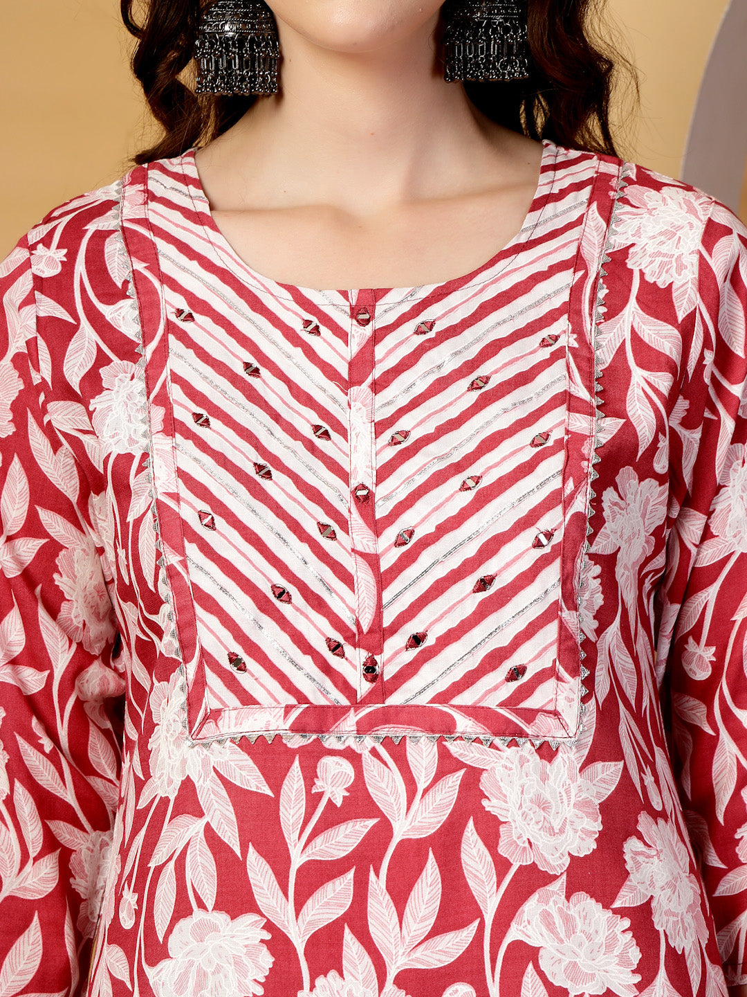 Maroon Floral Print Rayon Kurta Set with Dupatta