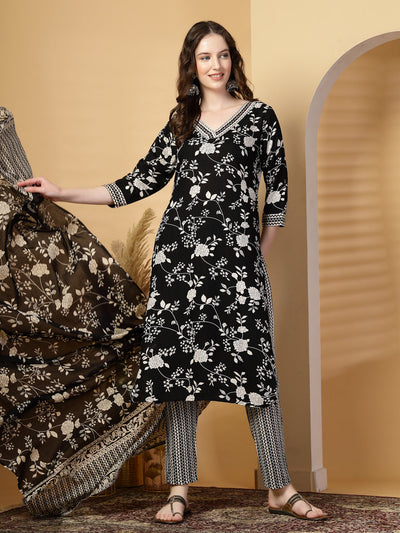 Black Floral Print Rayon Kurta Set with Dupatta