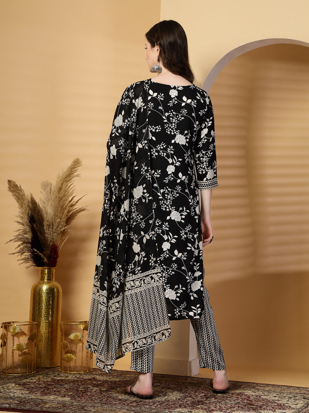 Black Floral Print Rayon Kurta Set with Dupatta