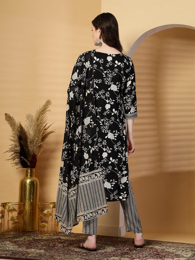 Black Floral Print Rayon Kurta Set with Dupatta