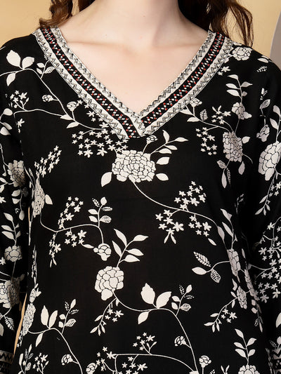Black Floral Print Rayon Kurta Set with Dupatta