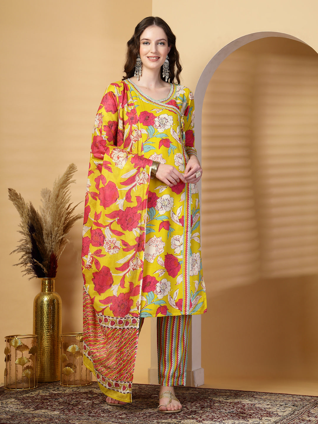 Mustard Floral Print Rayon Kurta Set with Dupatta