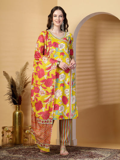 Mustard Floral Print Rayon Kurta Set with Dupatta