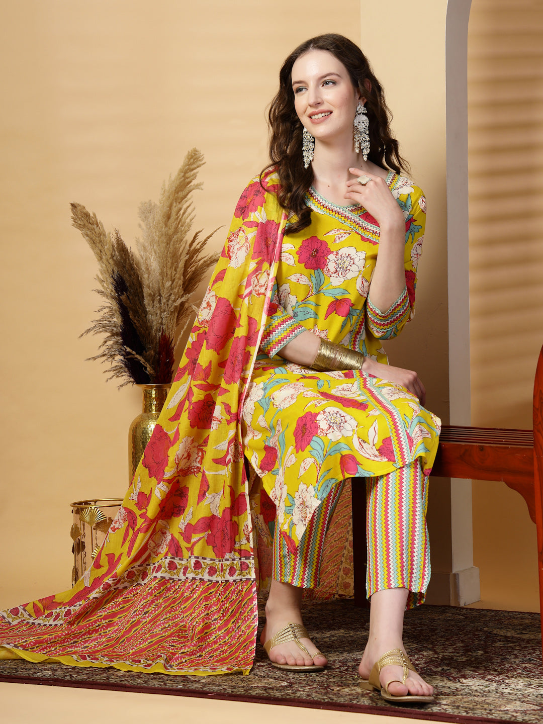 Mustard Floral Print Rayon Kurta Set with Dupatta