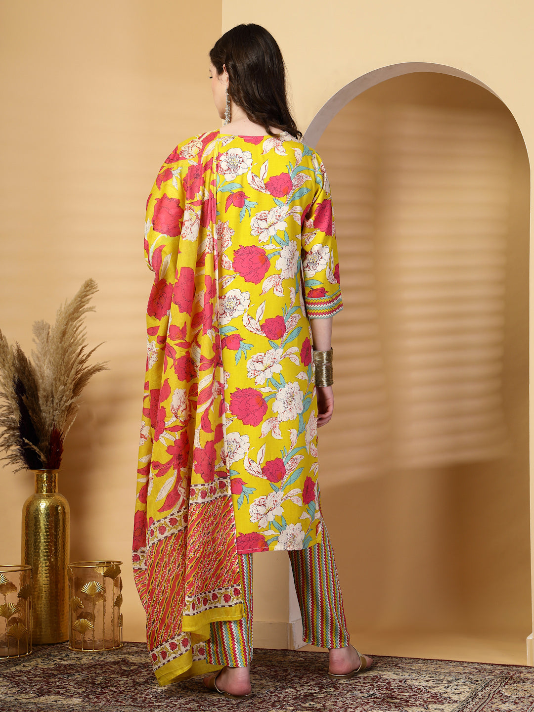 Mustard Floral Print Rayon Kurta Set with Dupatta