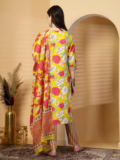 Mustard Floral Print Rayon Kurta Set with Dupatta