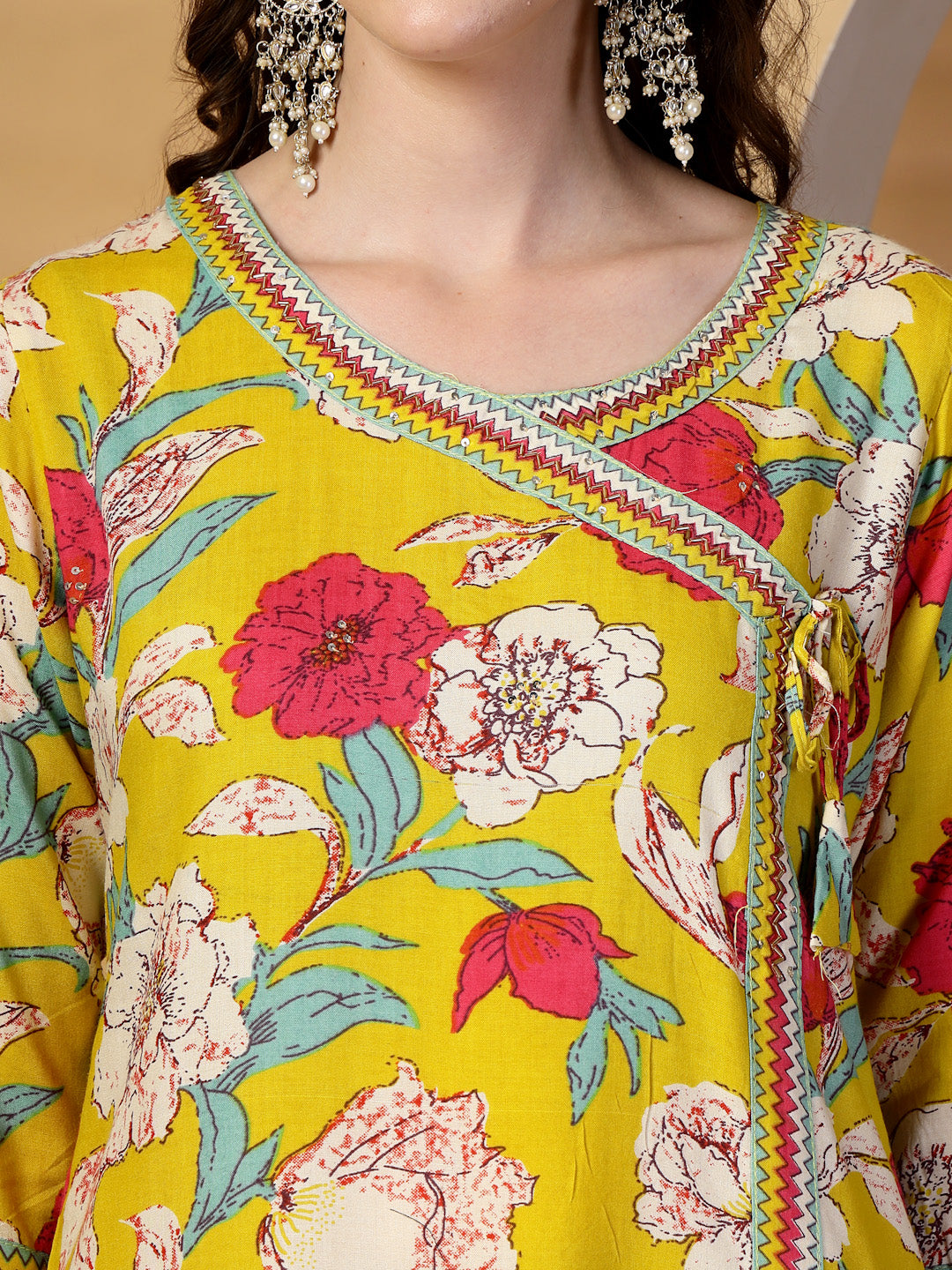 Mustard Floral Print Rayon Kurta Set with Dupatta
