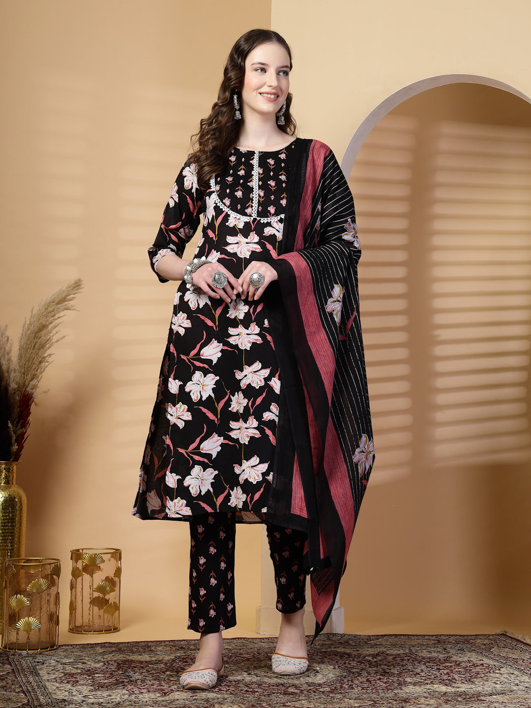 Black Floral Print Rayon Kurta Set with Dupatta