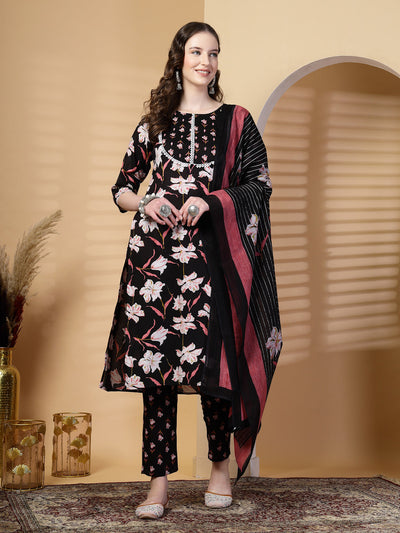Black Floral Print Rayon Kurta Set with Dupatta