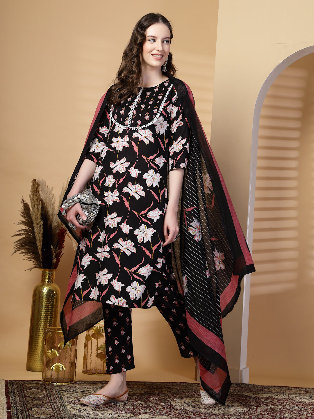 Black Floral Print Rayon Kurta Set with Dupatta