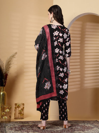 Black Floral Print Rayon Kurta Set with Dupatta