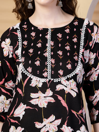 Black Floral Print Rayon Kurta Set with Dupatta