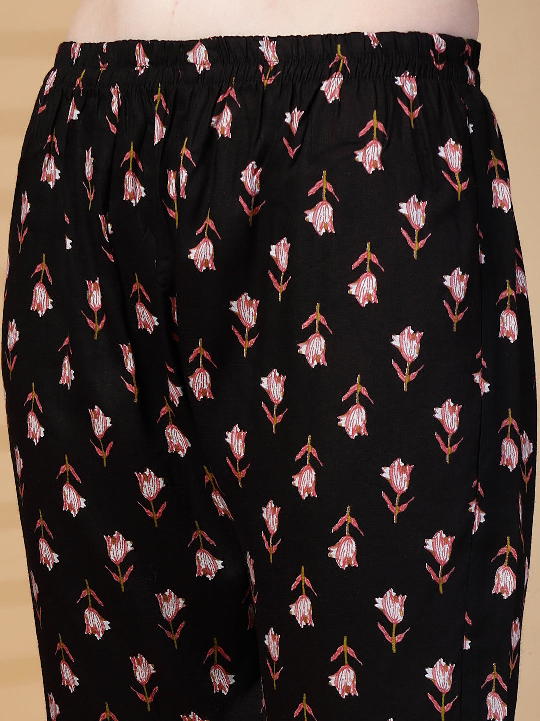 Black Floral Print Rayon Kurta Set with Dupatta