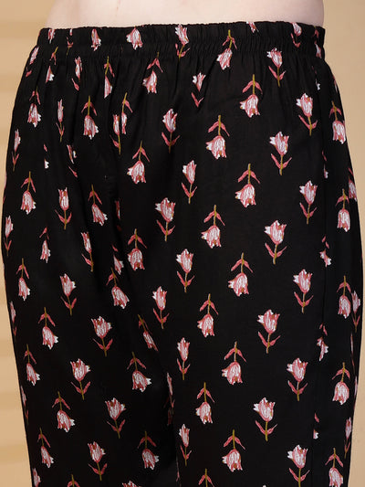 Black Floral Print Rayon Kurta Set with Dupatta