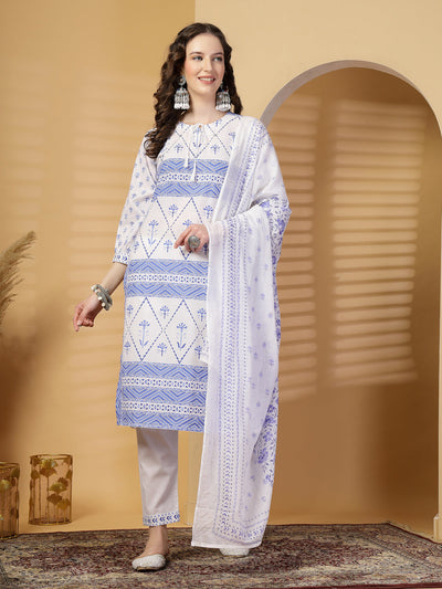 Royal Blue Printed Cotton Kurta Set with Dupatta
