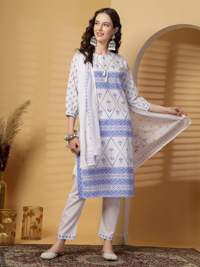 Royal Blue Printed Cotton Kurta Set with Dupatta