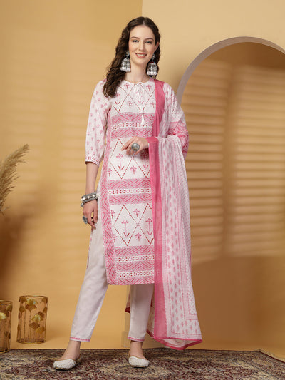 Magenta Printed Cotton Kurta Set with Dupatta