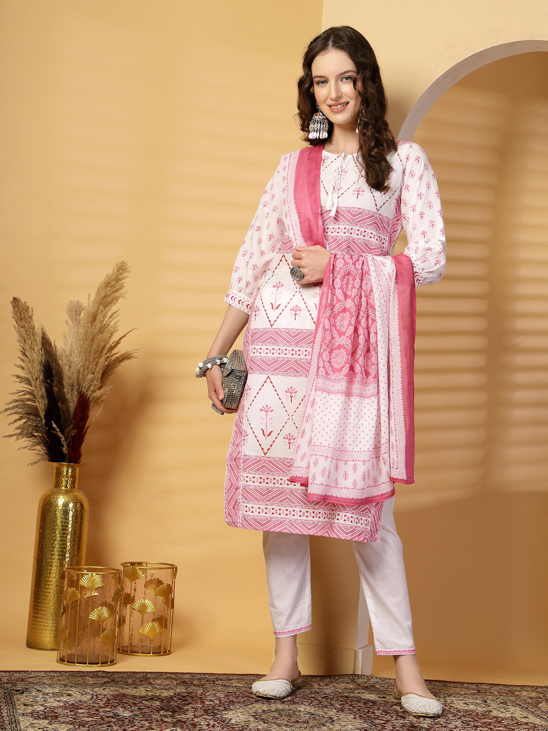 Magenta Printed Cotton Kurta Set with Dupatta