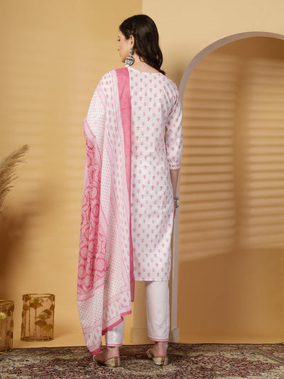 Magenta Printed Cotton Kurta Set with Dupatta