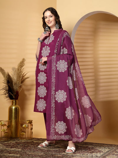 Purple Mandarine Collar Printed Rayon Kurta Set with Dupatta