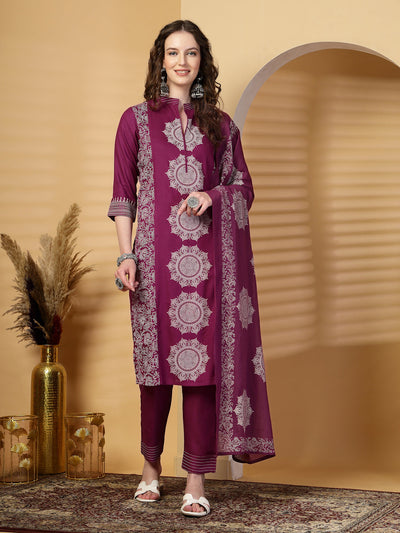 Purple Mandarine Collar Printed Rayon Kurta Set with Dupatta