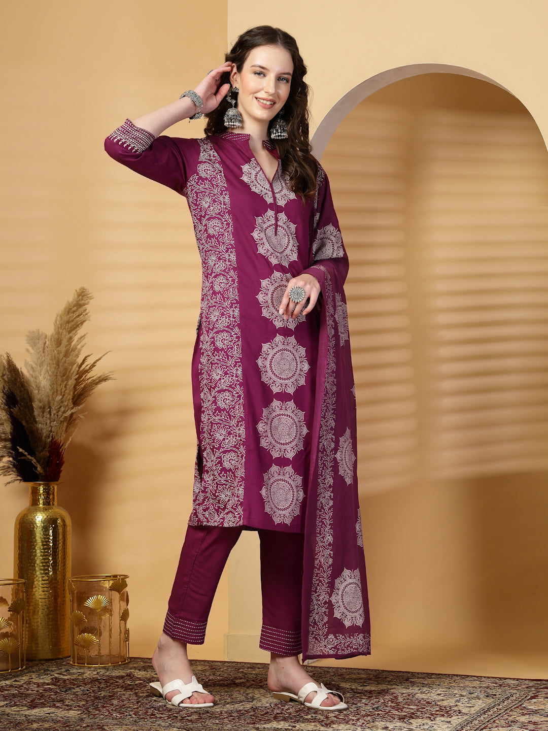 Purple Mandarine Collar Printed Rayon Kurta Set with Dupatta