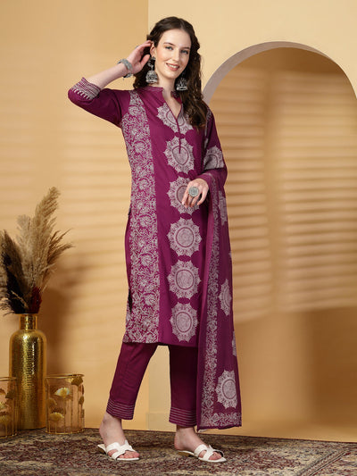 Purple Mandarine Collar Printed Rayon Kurta Set with Dupatta