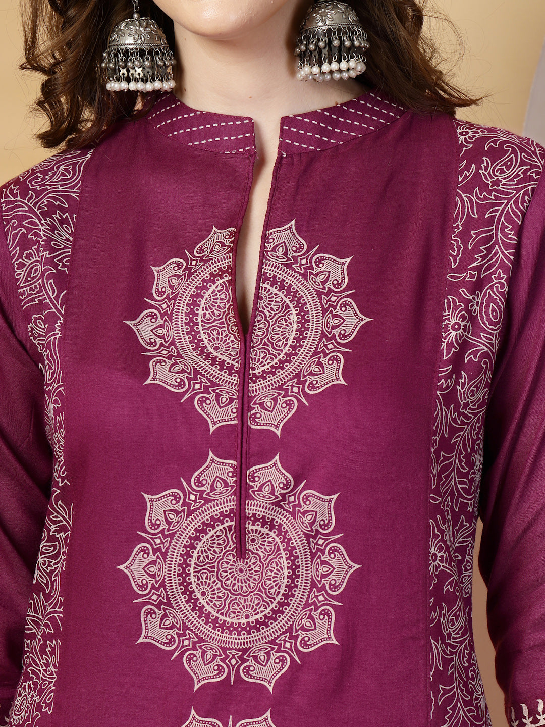 Purple Mandarine Collar Printed Rayon Kurta Set with Dupatta