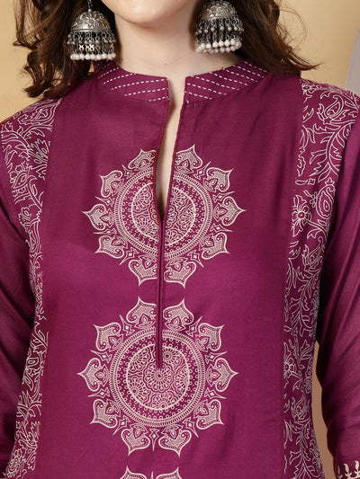 Purple Mandarine Collar Printed Rayon Kurta Set with Dupatta