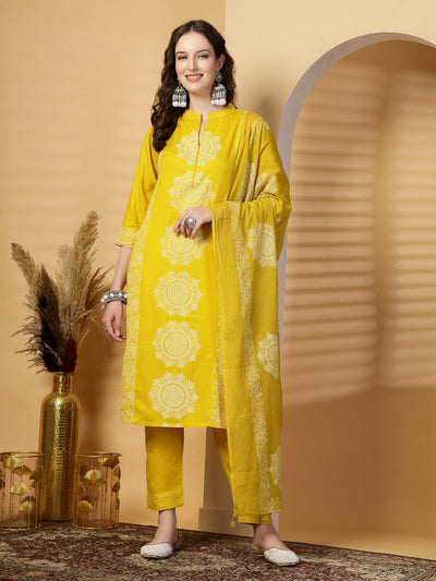 Mustard Mandarine Collar Printed Rayon Kurta Set with Dupatta