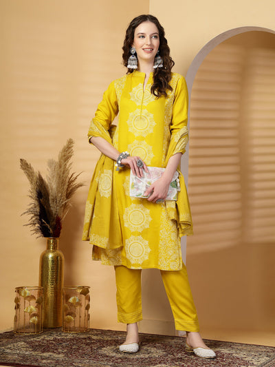 Mustard Mandarine Collar Printed Rayon Kurta Set with Dupatta