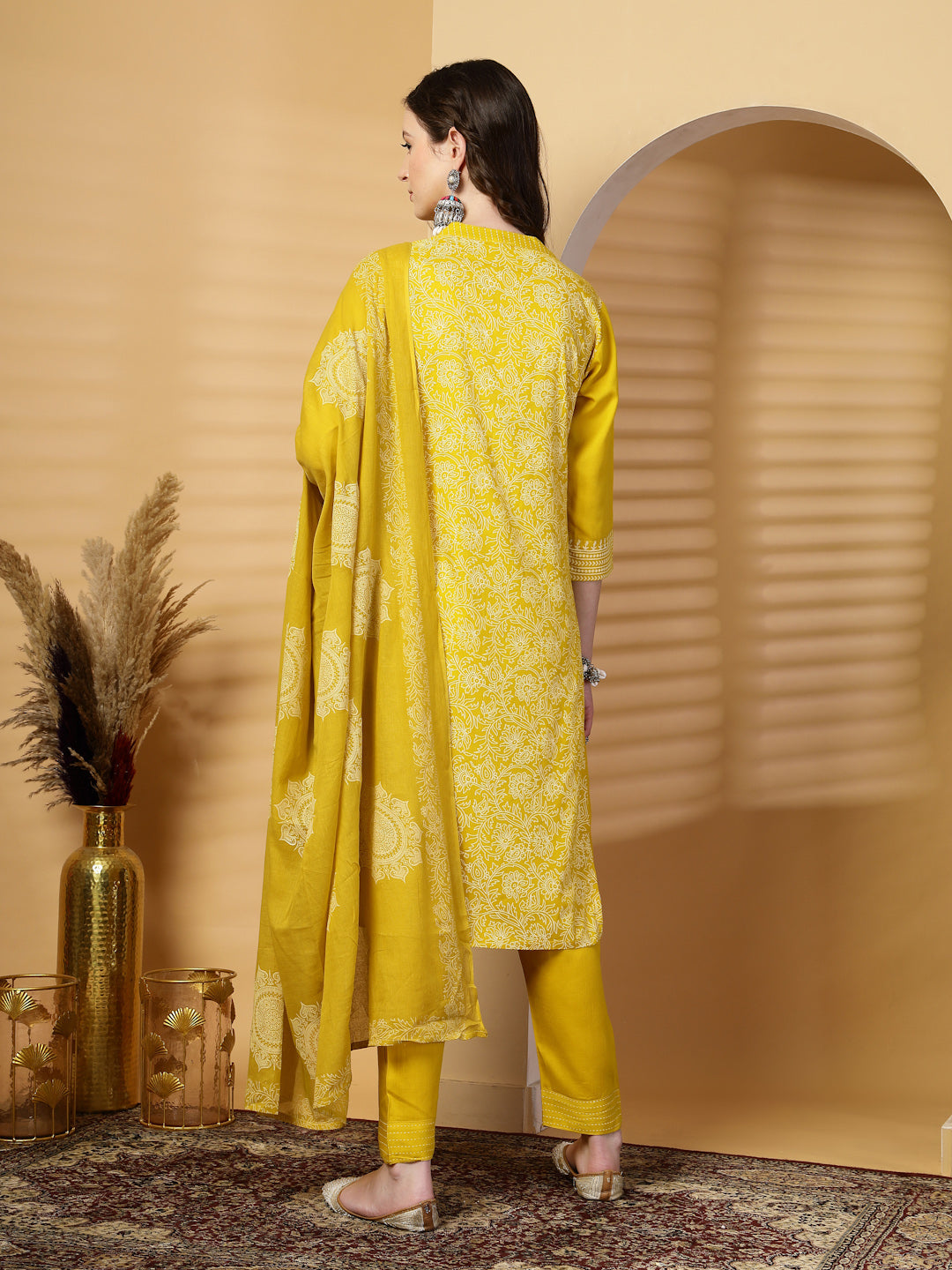 Mustard Mandarine Collar Printed Rayon Kurta Set with Dupatta